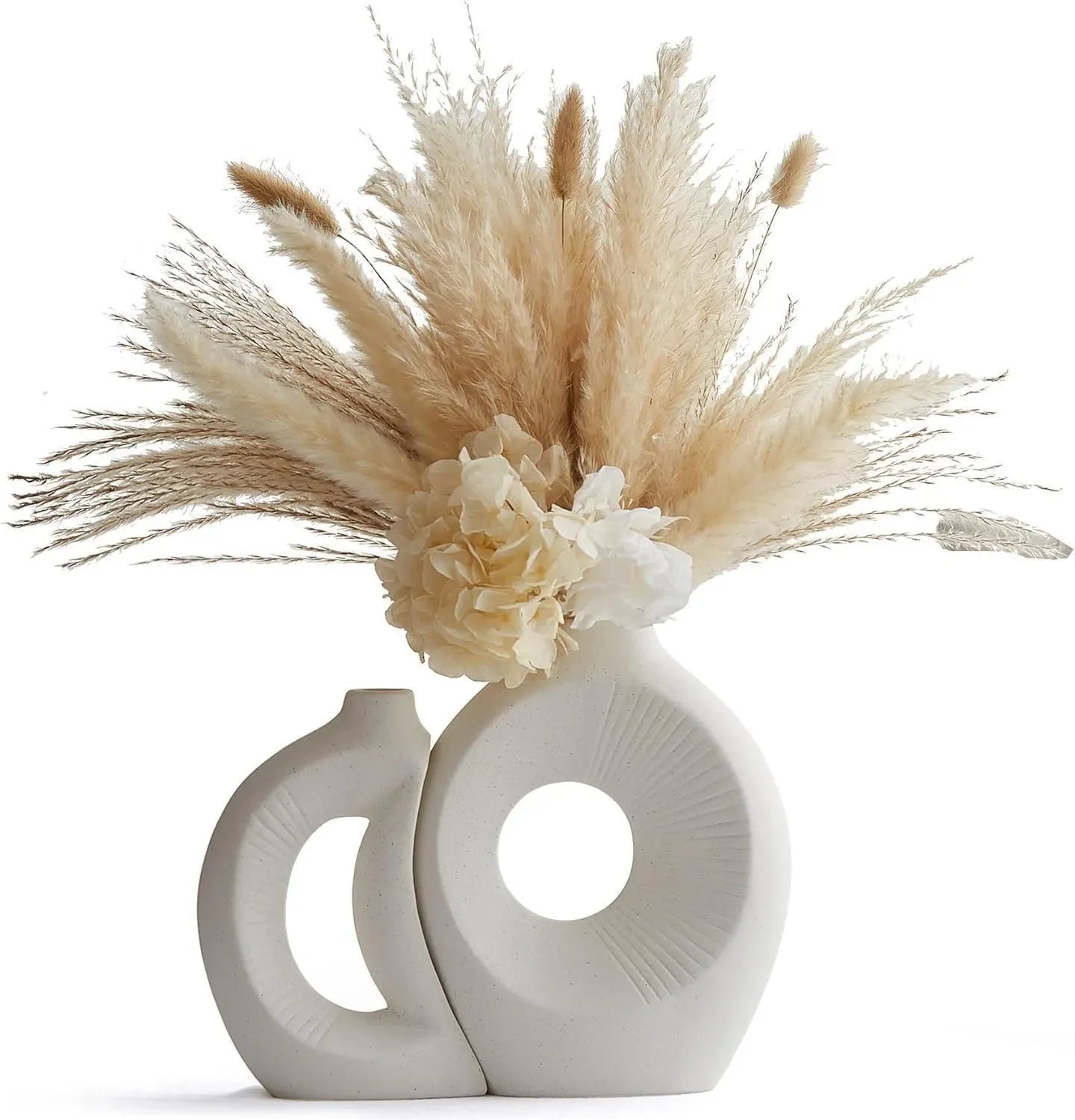 Wooden Twist Modern Home Decor Ceramic White 2 Abstract Decorative Vase for Dry Flowers ( Set of 2 ) - Wooden Twist UAE