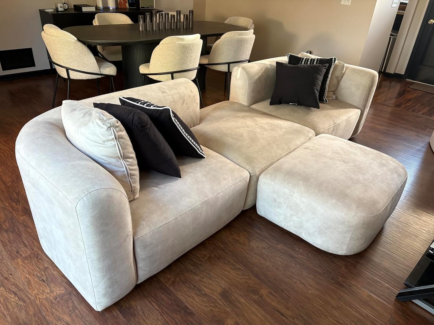 Wooden Twist Velvet Sectional Sofa Cream 4 Seater Modular - Full View