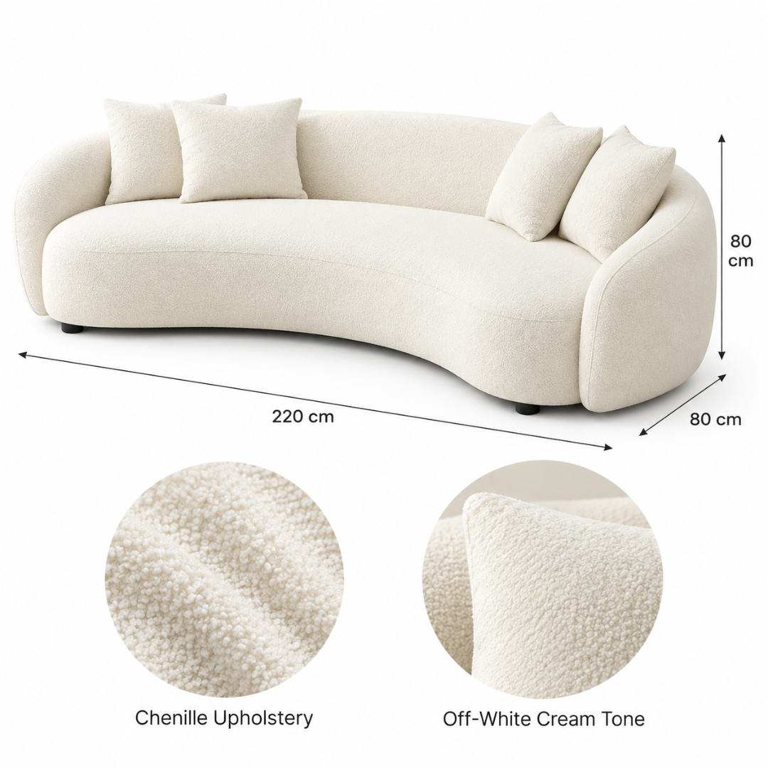 Wooden Twist Nuvelle Curved Chenille 3 Seater Sofa Off-White Cream – Dimensions 220 x 80 x 80 cm