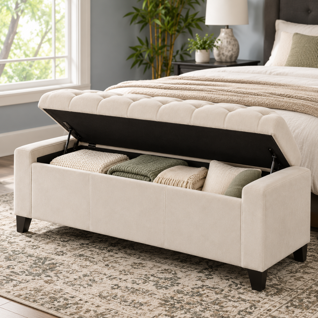 Wooden Twist Raffinee ivory storage bench – flip top open showing blanket and pillow storage
