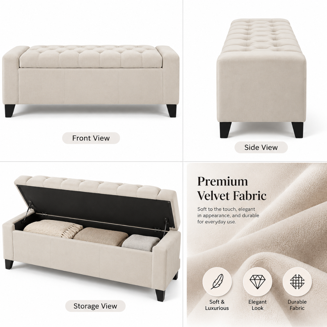 Wooden Twist Raffinee ivory storage bench – front, side and storage views with premium velvet fabric detail
