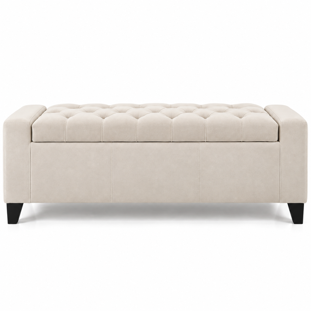 Wooden Twist Raffinee ivory tufted velvet flip top storage bench – front view on white background