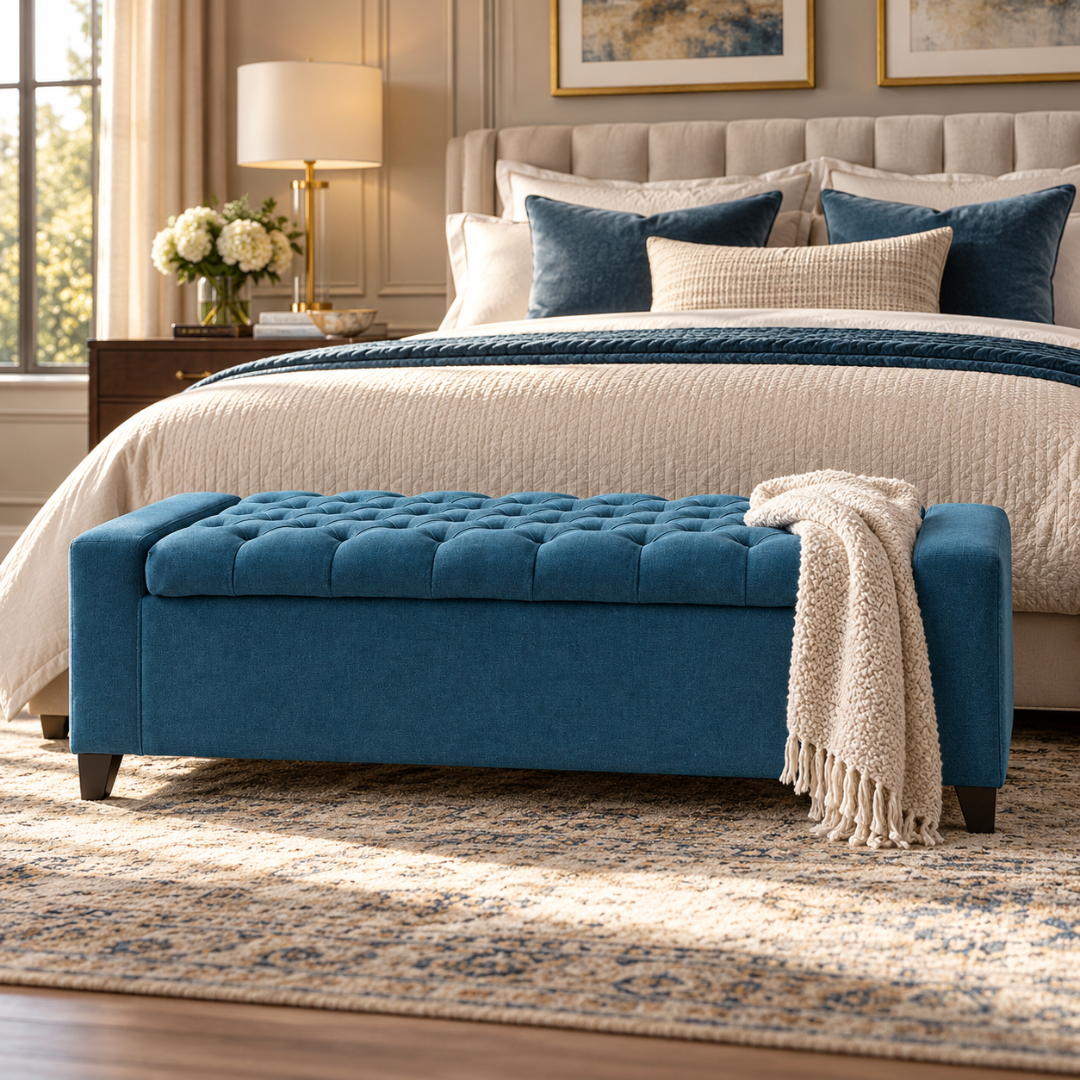 Wooden Twist Raffinee tufted velvet flip top storage bench in dark blue – lifestyle view at the foot of a bed