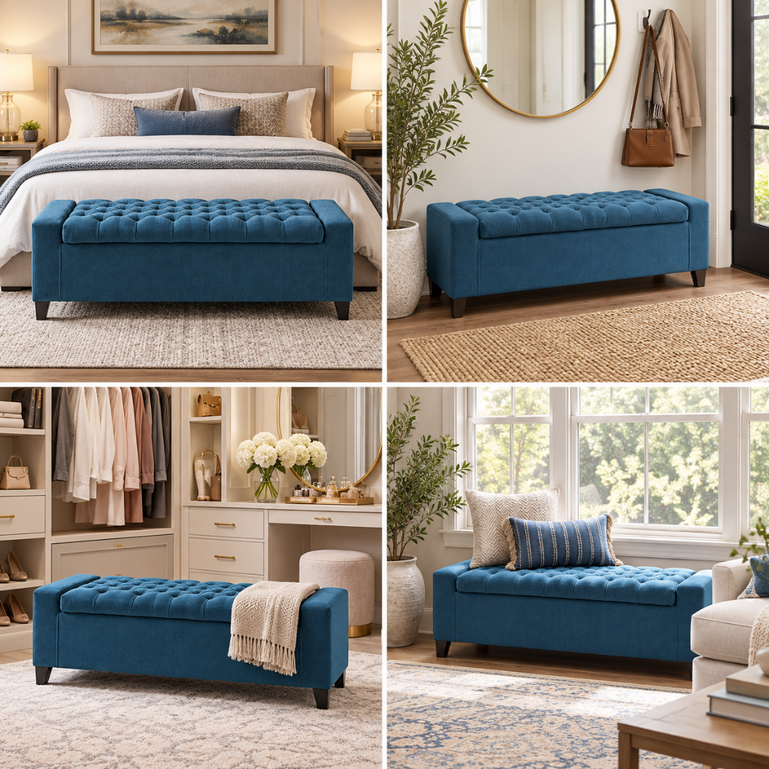 Wooden Twist Raffinee dark blue velvet storage bench – styled in bedroom, entryway, dressing room and living room