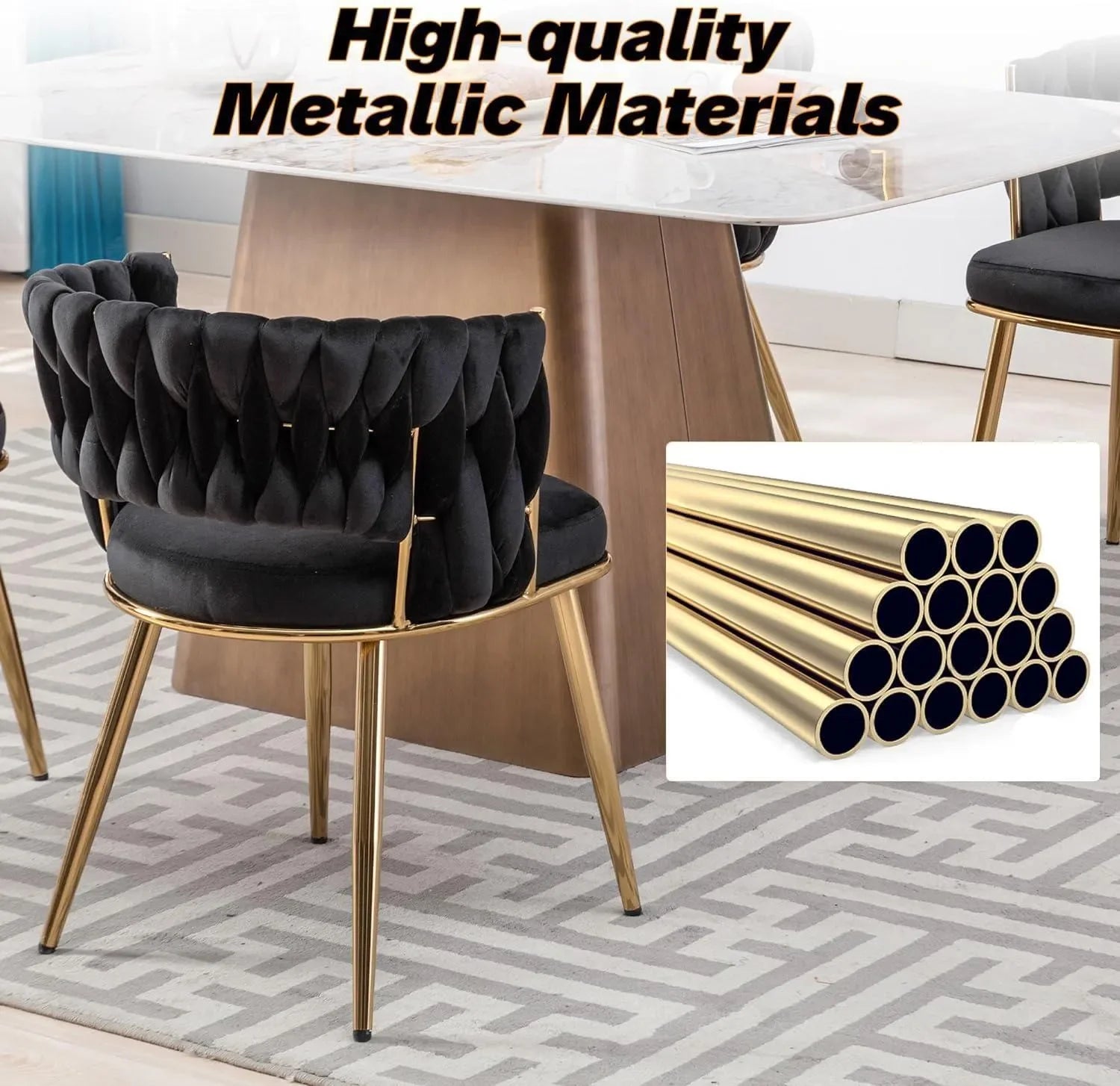 Wooden Twist Woven Carved Backrest Velvet Upholstery and Metal Legs Elegant Seating Dining Chair for Cafe, Restaurant, and Home - Wooden Twist UAE