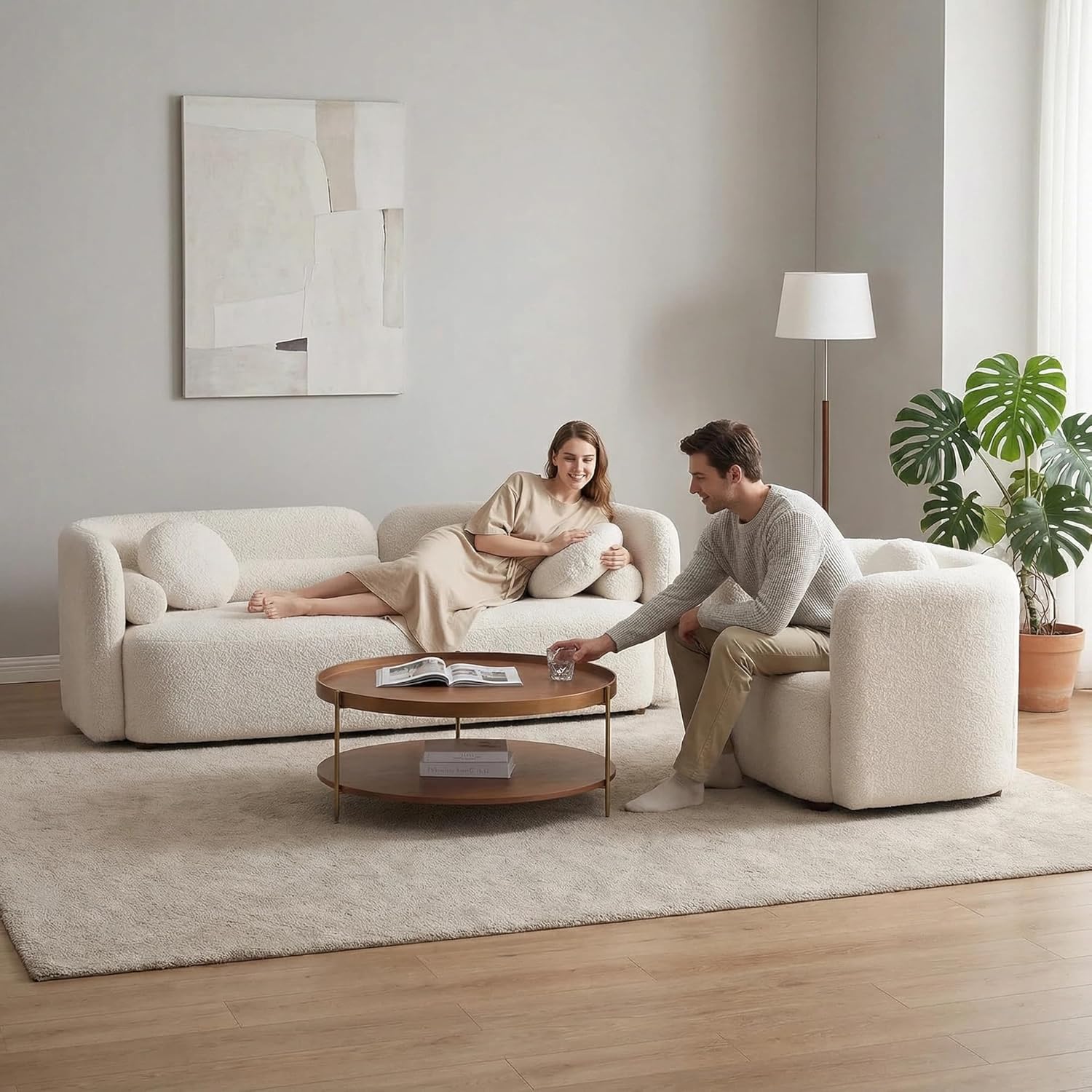 Wooden Twist Beige 4-Seater Boucle Sofa Set 2-Piece - Living Room Lifestyle