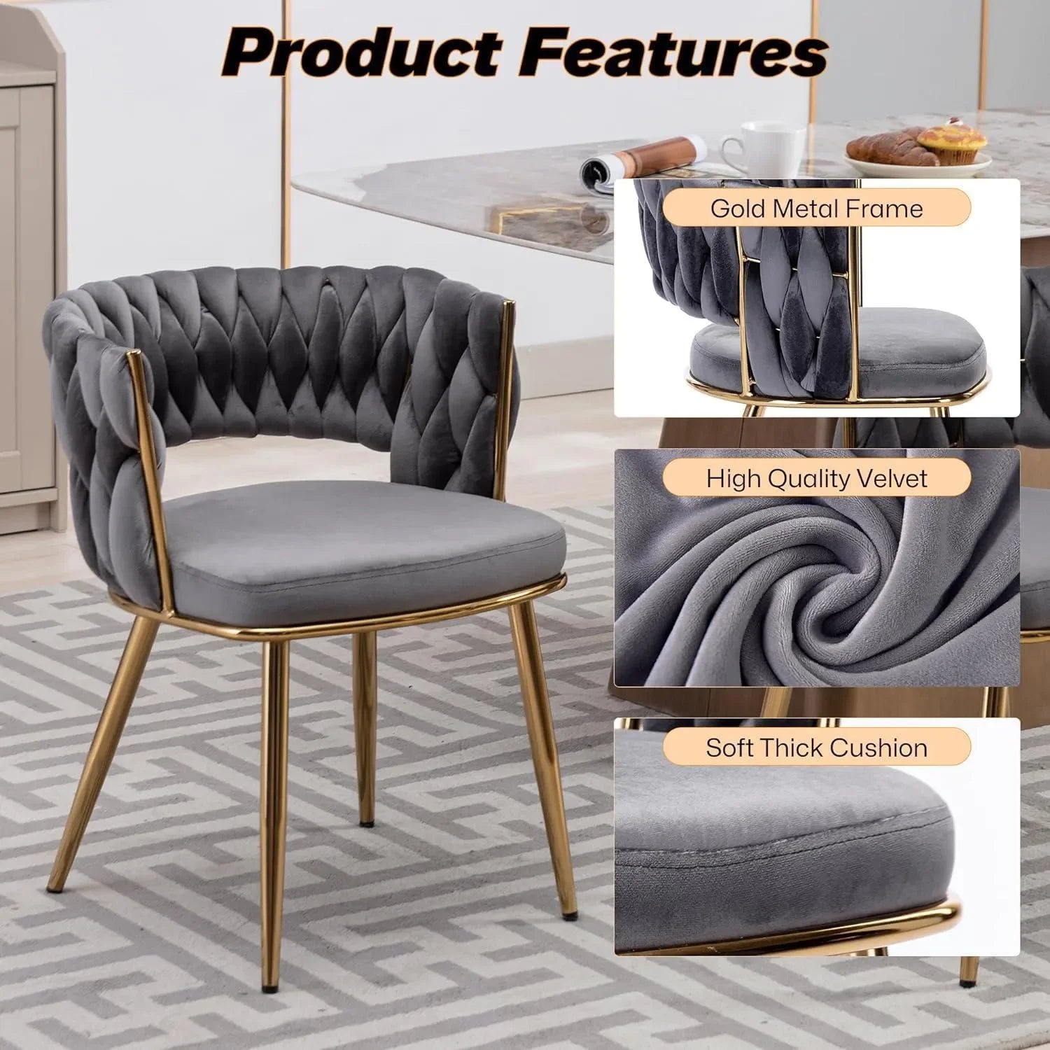 Wooden Twist Woven Carved Backrest Velvet Upholstery and Metal Legs Elegant Seating Dining Chair for Cafe, Restaurant, and Home - Wooden Twist UAE