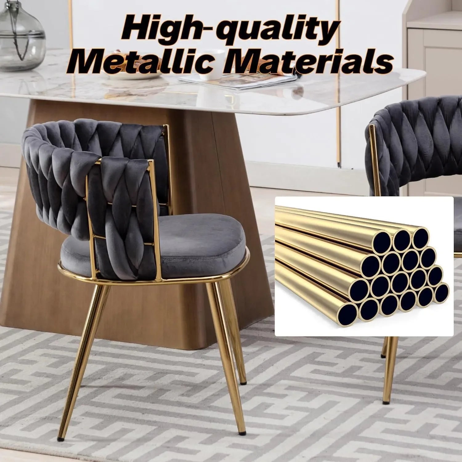 Wooden Twist Woven Carved Backrest Velvet Upholstery and Metal Legs Elegant Seating Dining Chair for Cafe, Restaurant, and Home - Wooden Twist UAE