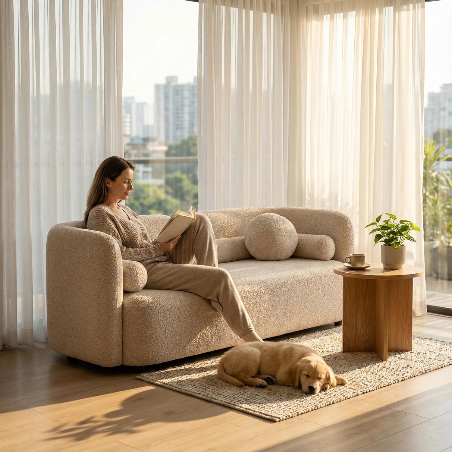Wooden Twist Beige 4-Seater Sofa Set - Sofa with Throw Pillows Close-Up