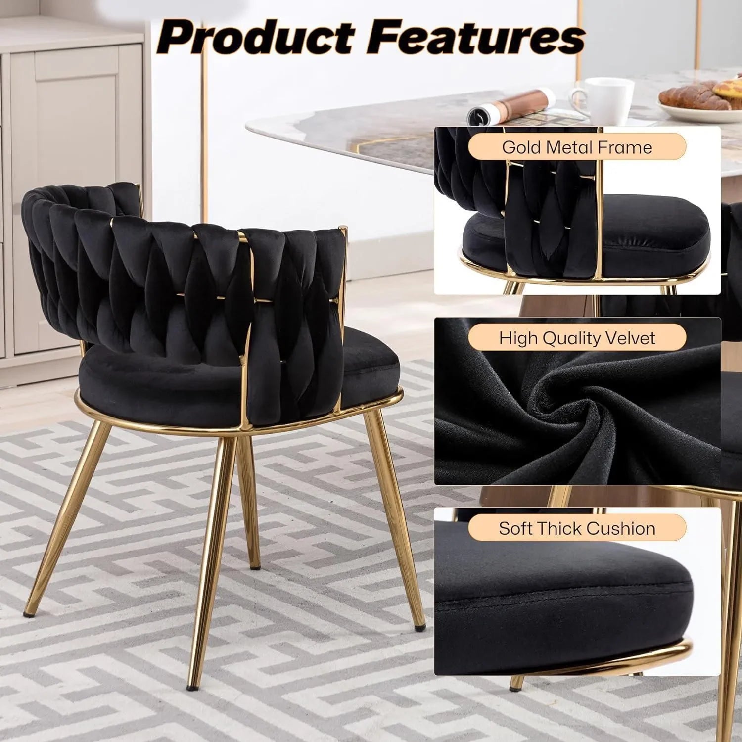 Wooden Twist Woven Carved Backrest Velvet Upholstery and Metal Legs Elegant Seating Dining Chair for Cafe, Restaurant, and Home - Wooden Twist UAE
