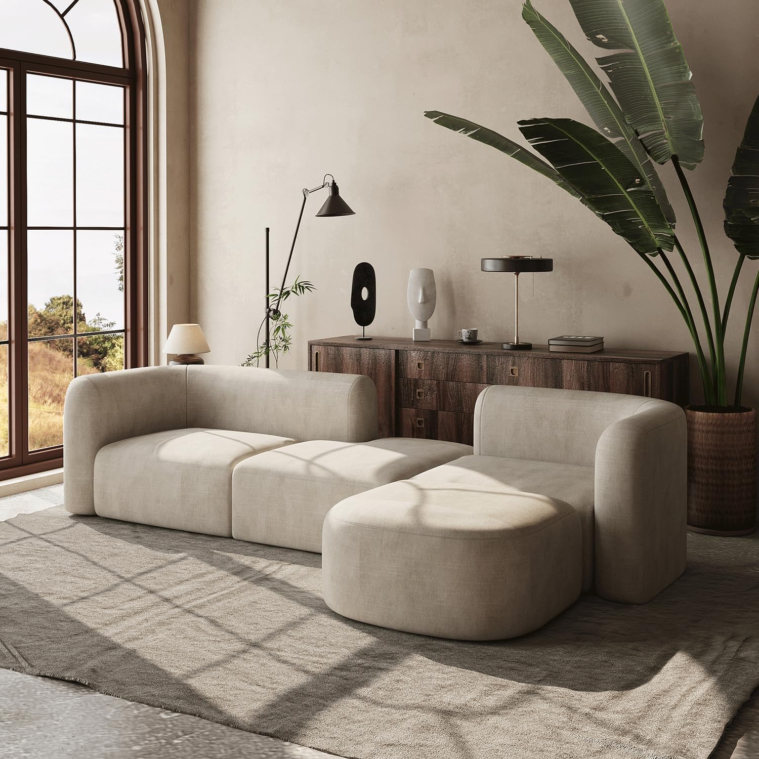 Wooden Twist Velvet Sectional Sofa Cream 4 Seater Modular - Lifestyle