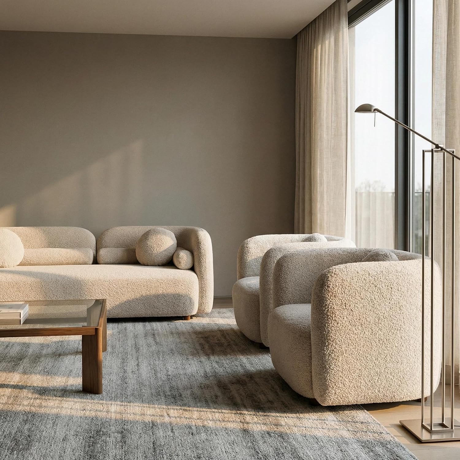 Wooden Twist Beige Boucle Sofa - Close-Up Fabric Texture & Track Arm