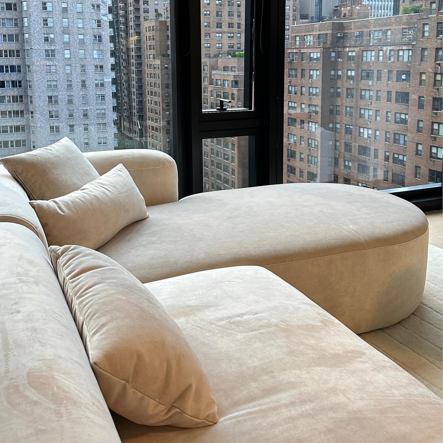Wooden Twist Velvet Sectional Sofa Cream Right Chaise - Interior View