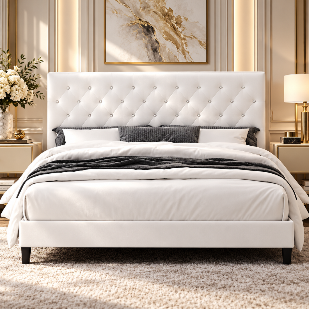 Wooden Twist Crystal Tufted Wingback Bed White – front bedroom view