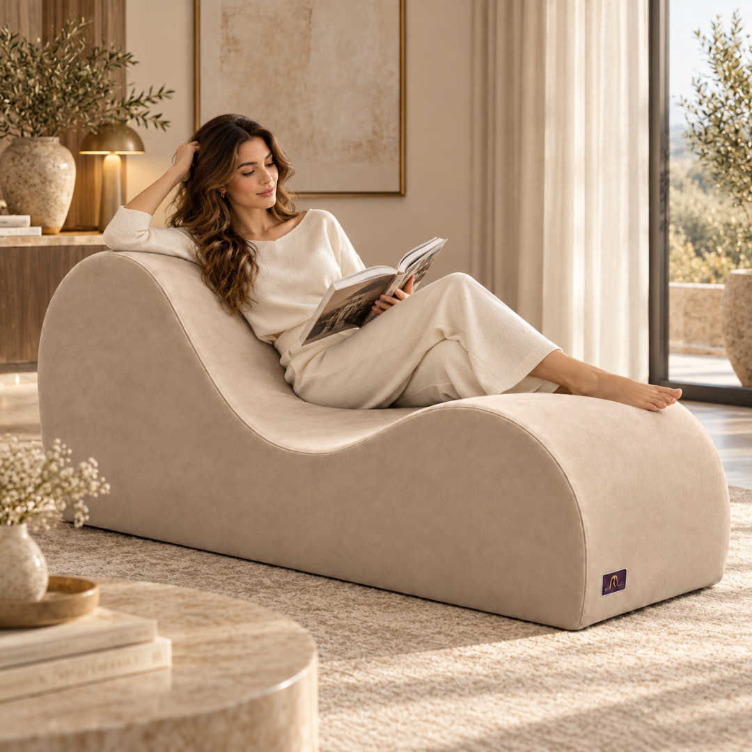 Wooden Twist Armless Velvet Wave Chaise Lounge Beige – Woman Reading and Relaxing