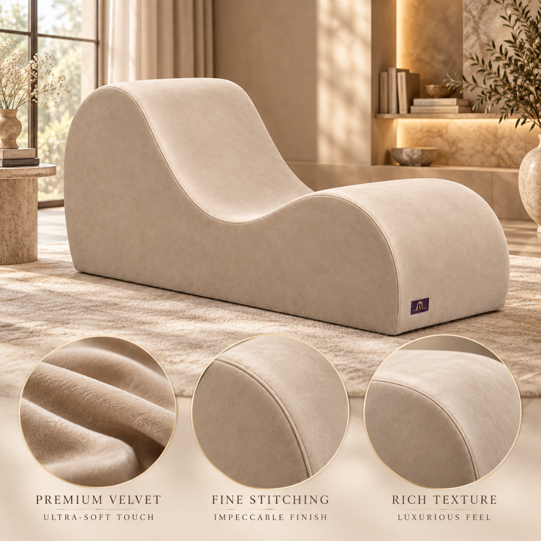 Wooden Twist Armless Velvet Wave Chaise Lounge Beige – Premium Velvet and Stitching Close-Ups