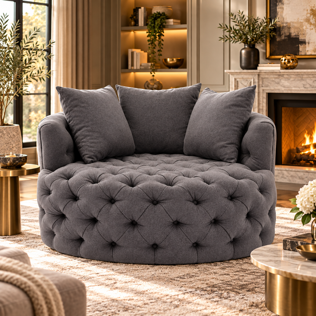 Wooden Twist Round Button Tufted Velvet Cuddle Chair Dark Grey – Living Room