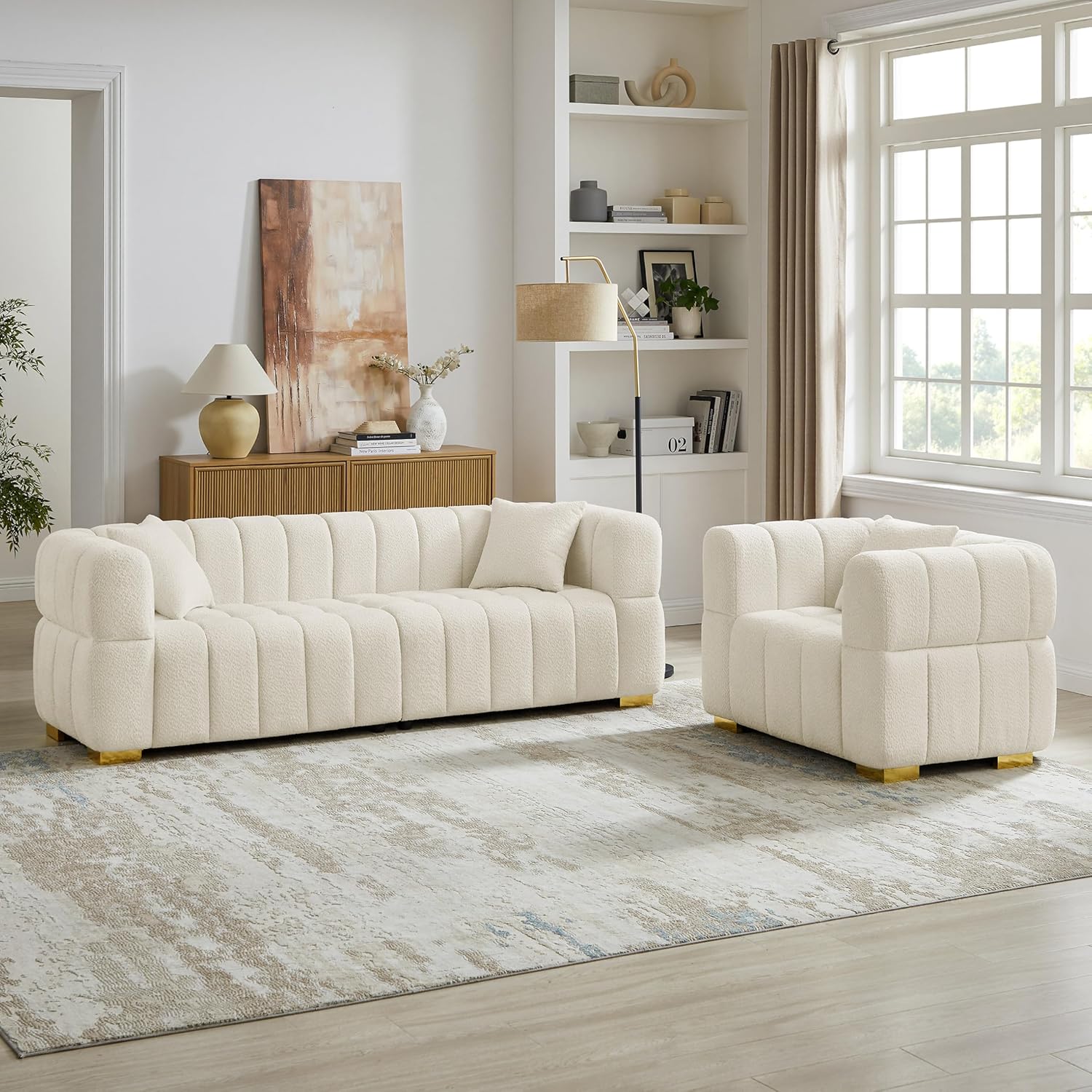 Wooden Twist Cloud Boucle Sofa - White 3+1 Complete Sofa and Chair Set