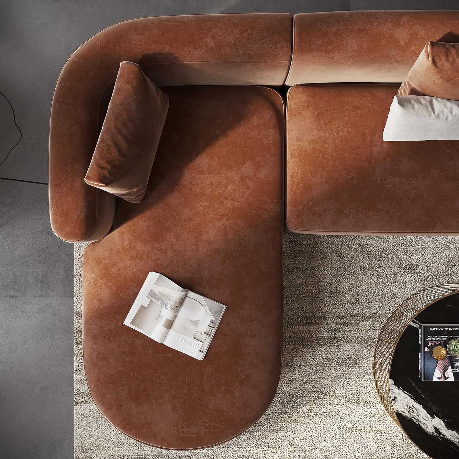 Wooden Twist Velvet Sectional Sofa Tangerine L-Shape Left Chaise - Full View