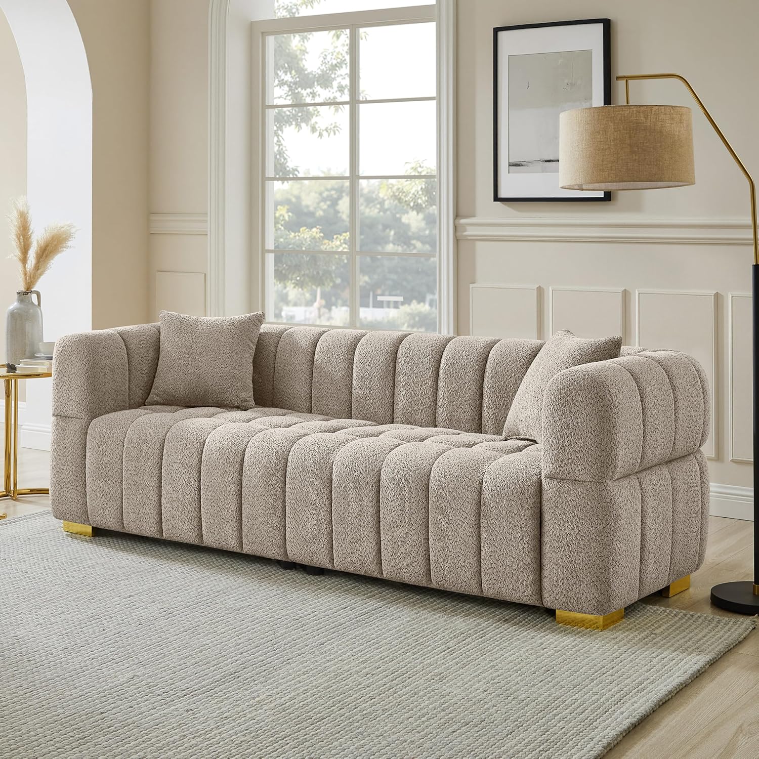 Wooden Twist Cloud Boucle Sofa Set - Camel 3+1 Sofa and Chair Set Angle View