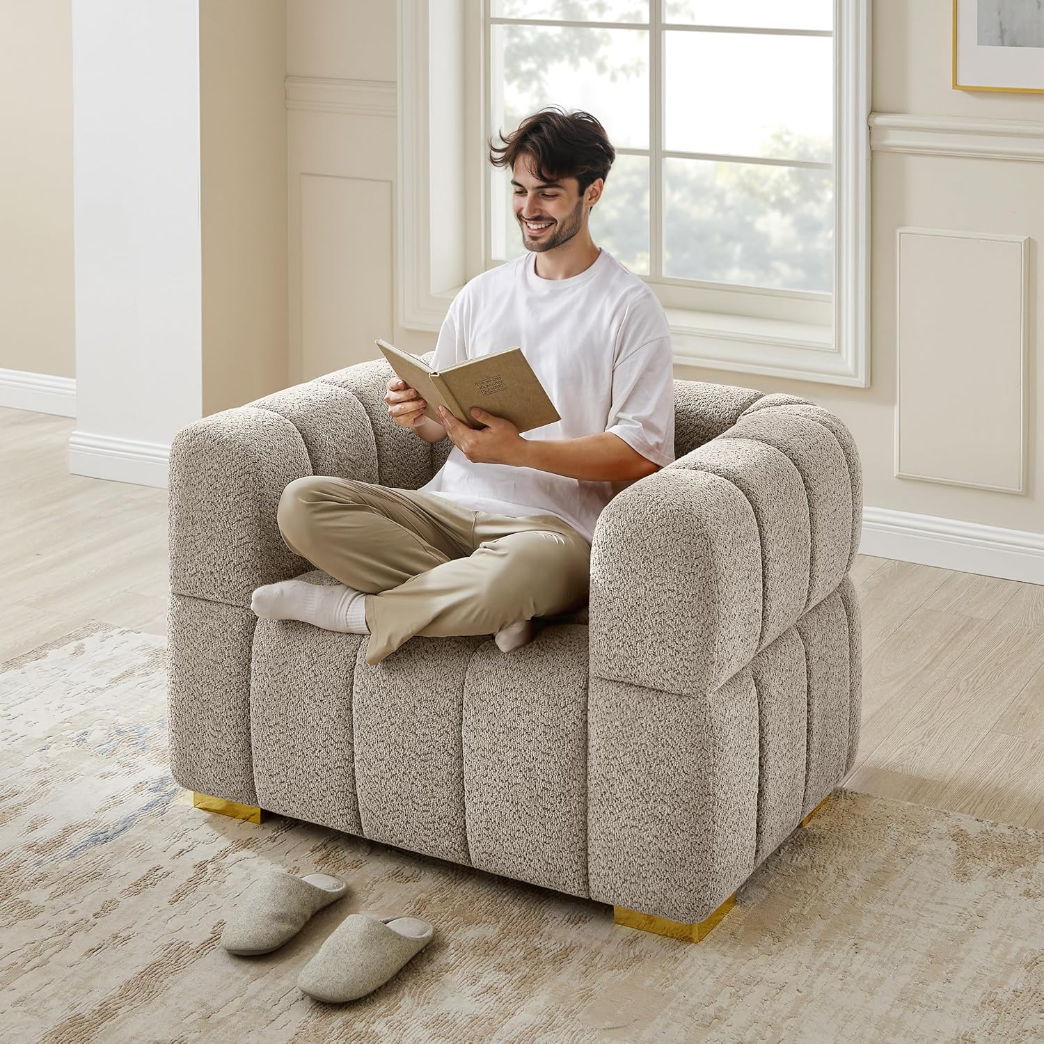 Wooden Twist Cloud Boucle Chair - Camel Chair Lifestyle Home Decor