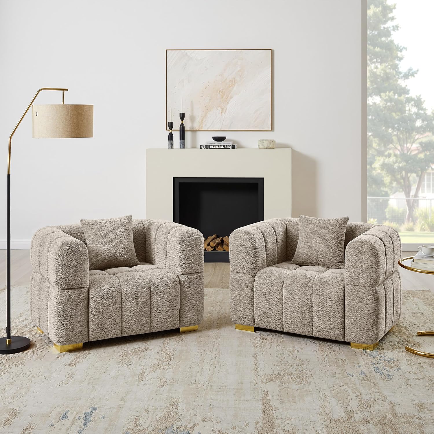Wooden Twist Cloud Boucle Chair - Camel Set of 2 Oversized Accent Chairs
