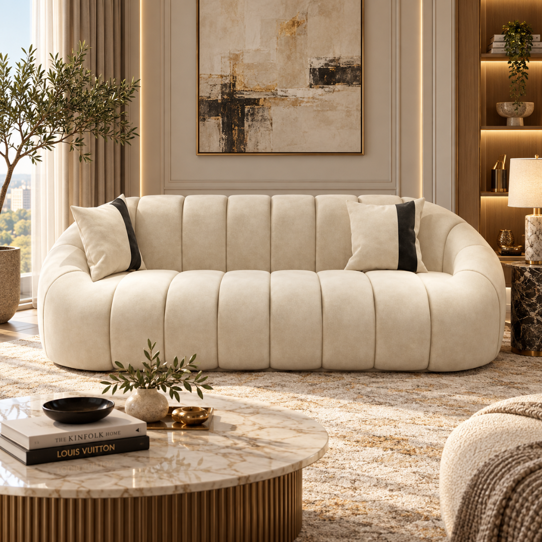 Wooden Twist Collin Oval Channel Tufted 3 Seater Sofa Beige Velvet – Living Room Setting