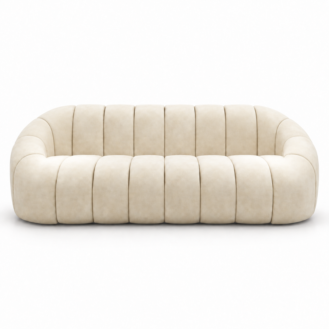 Wooden Twist Collin Oval Channel Tufted 3 Seater Sofa Beige Velvet – Front View