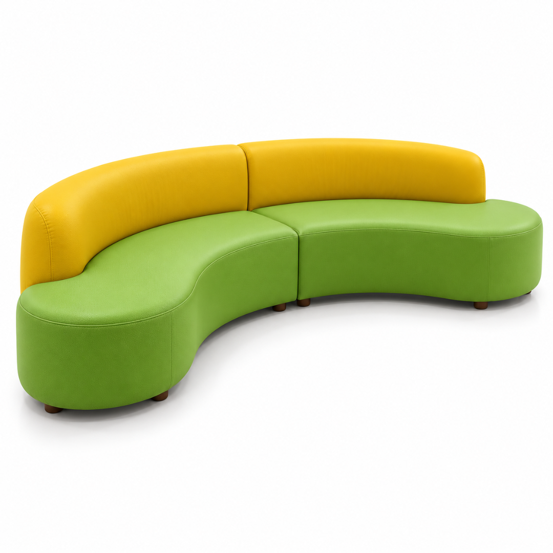 Side angle of the Citrus green and yellow PU leather sofa with wooden feet