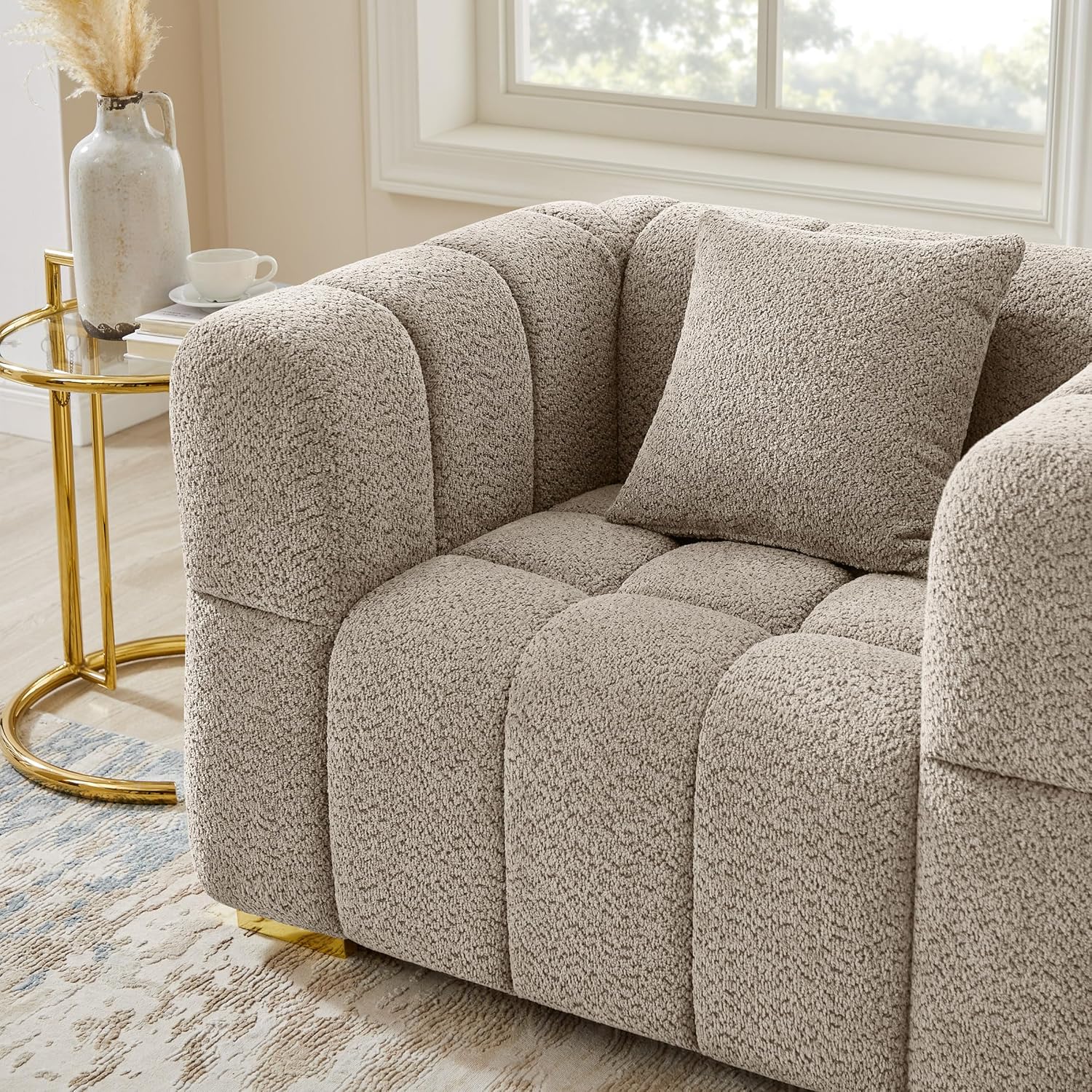 Wooden Twist Cloud Boucle Chair - Camel Chair Modern Living Room Setting