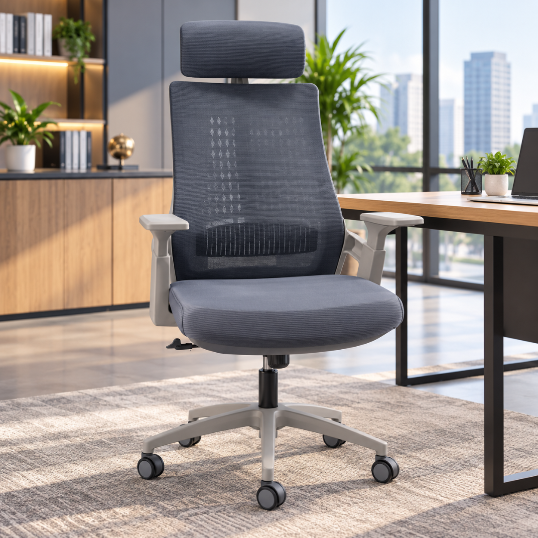 Wooden Twist Aeris Pro Ergonomic Mesh Office Chair Grey – at a desk in a modern city-view office