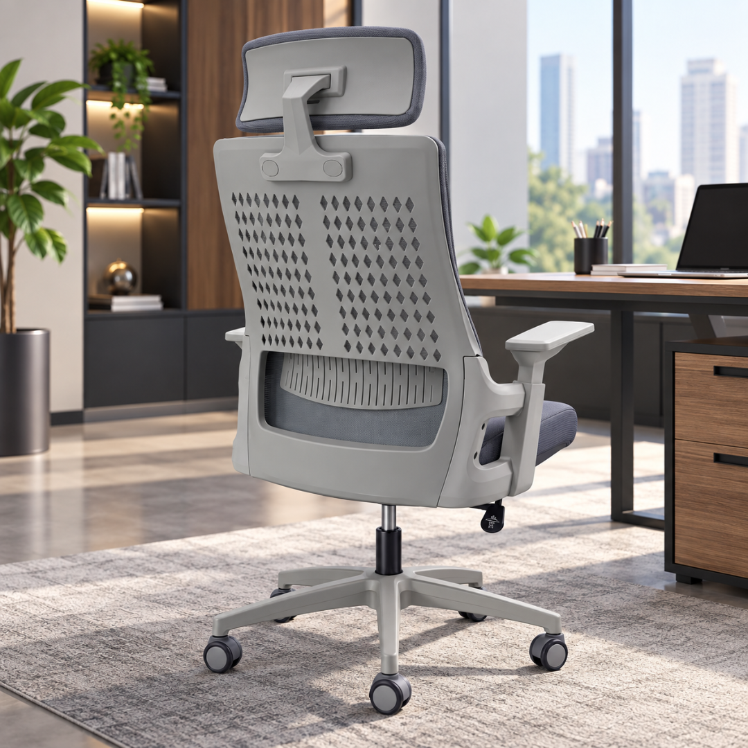 Wooden Twist Aeris Pro Ergonomic Mesh Office Chair Grey – rear view showing ventilated back panel and headrest bracket
