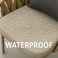 Beige waterproof chair cushion with water droplets on a chair.