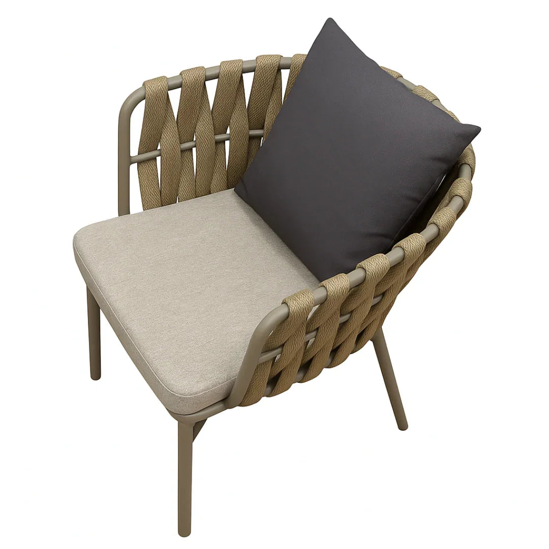 Chair with beige cushion and dark gray pillow on a white background