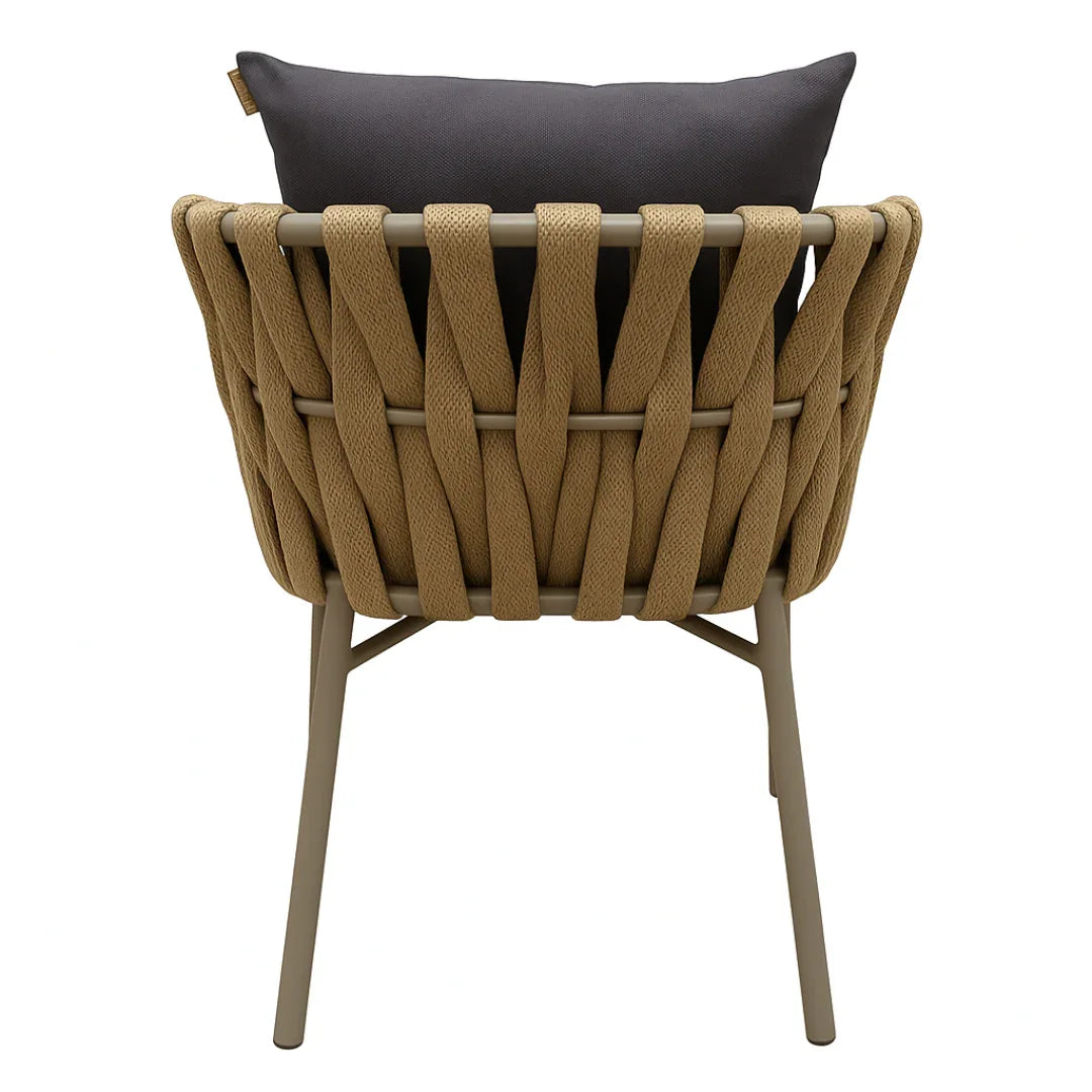 Chair with woven backrest and dark cushion on a white background