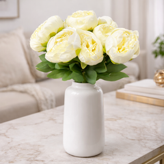 Wooden Twist Artificial Peony Flower Bunch in Ceramic Vase Luxury Faux Floral Arrangement for Living Room & Dining Table Décor (1 Bunch)