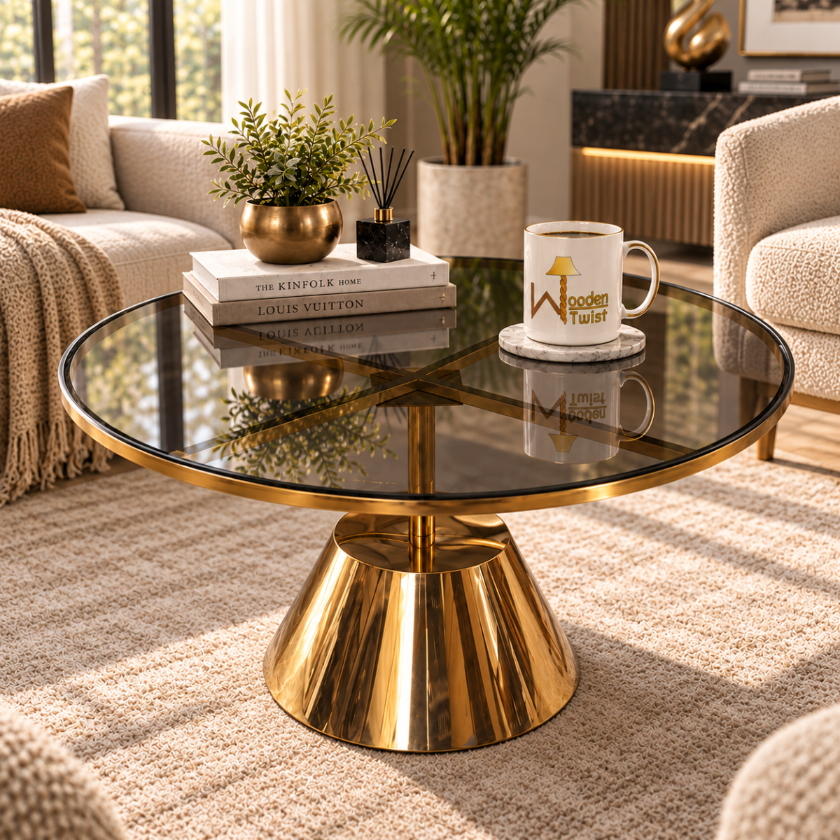 Wooden Twist Aurelio Luxe Round Smoked Glass Coffee Table in a modern living room setting, alternate angle