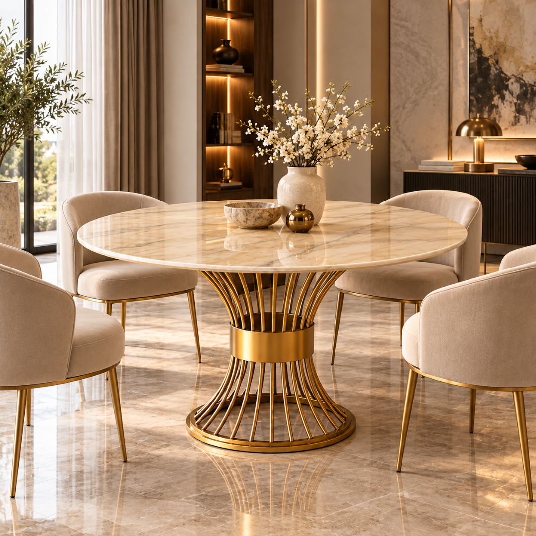 Wooden Twist Lumora Round Marble Dining Table with Gold Pedestal Base 100 cm – Dining Set with Chairs