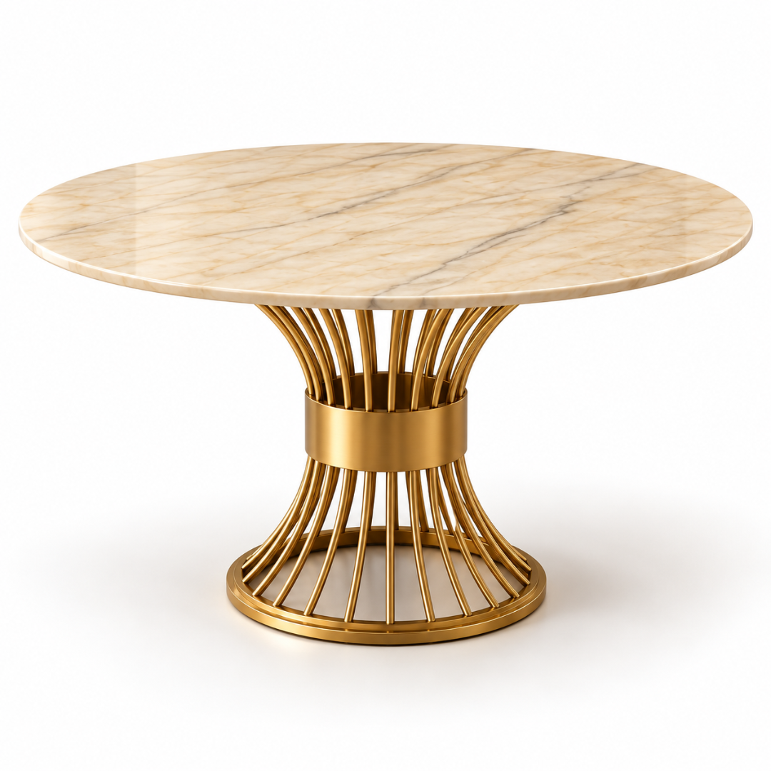 Wooden Twist Lumora Round Marble Dining Table with Gold Pedestal Base – Angle View