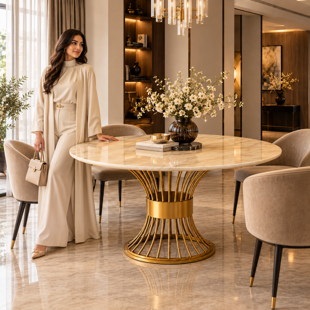 Wooden Twist Lumora Round Marble Dining Table with Gold Pedestal Base – Luxury Dining Room Setting