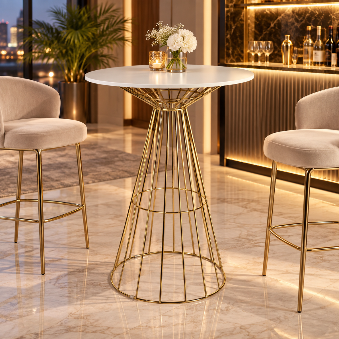 Wooden Twist Aurevia Luxe Round Bar Table Gold Wire Base – in a luxury home bar with beige bar stools