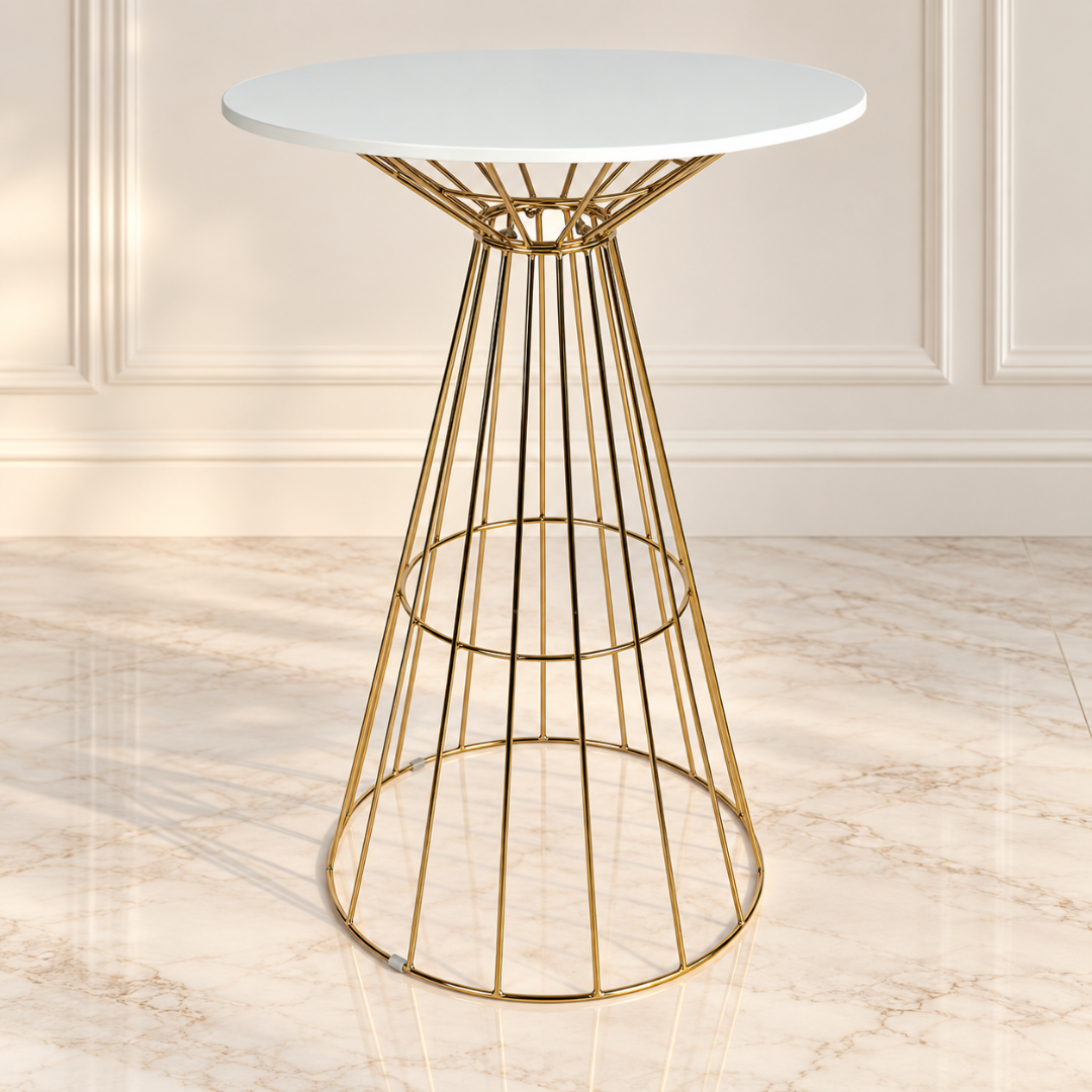Wooden Twist Aurevia Luxe Round Bar Table Gold Wire Base – studio view with white round top on marble floor