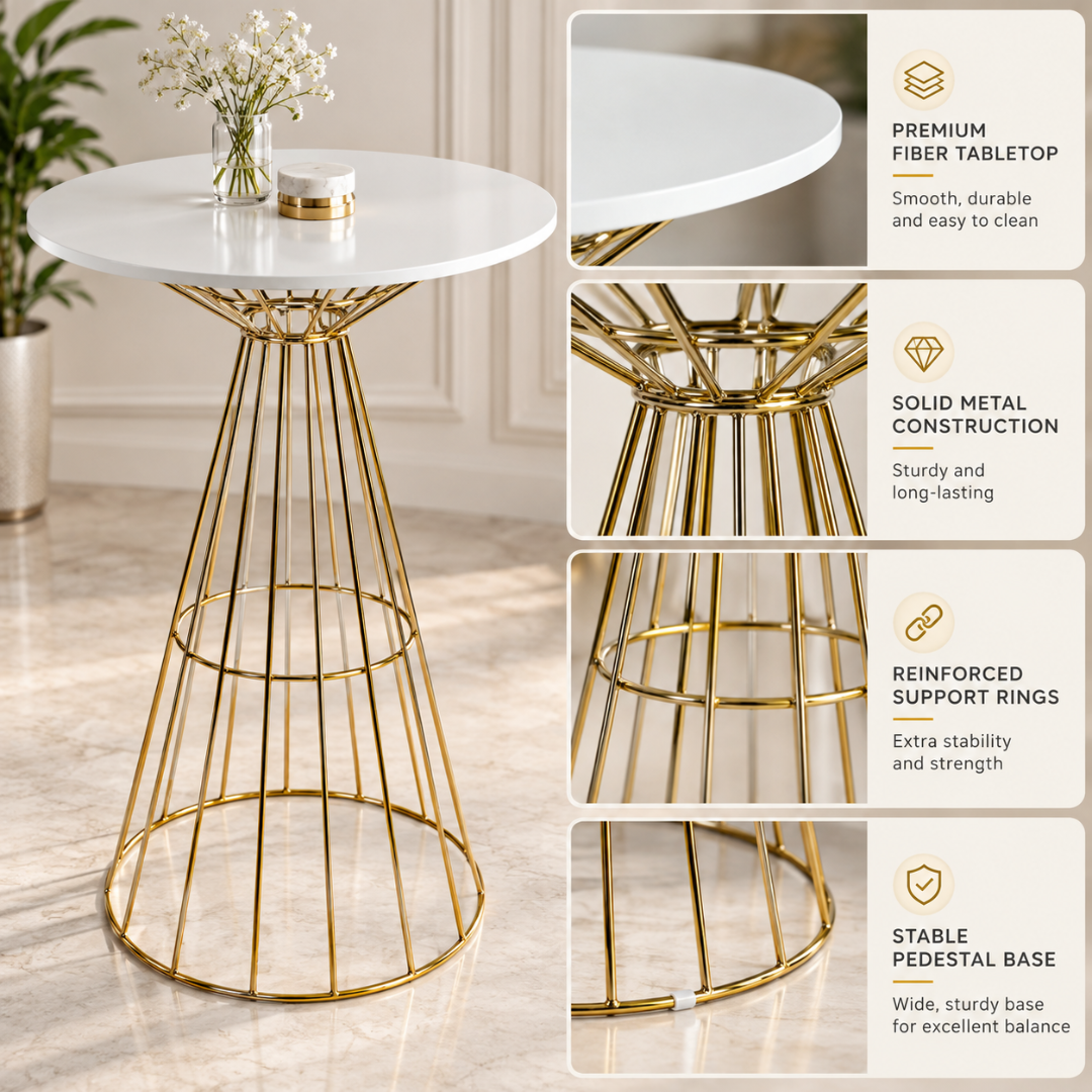Wooden Twist Aurevia Luxe Round Bar Table Gold Wire Base – features: fiber tabletop, solid metal frame, support rings, pedestal base