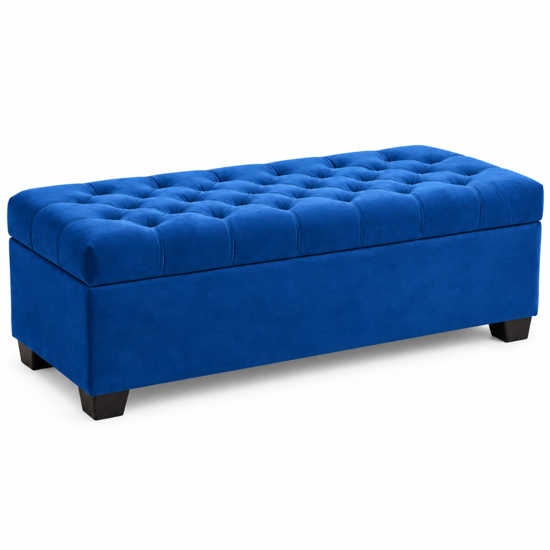 Wooden Twist Zelja dark blue velvet storage bench – angled view on white background