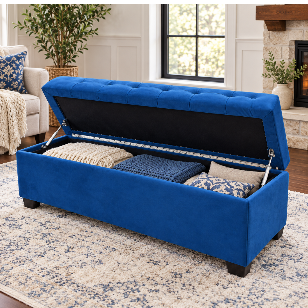 Wooden Twist Zelja dark blue velvet storage bench – flip top open showing storage