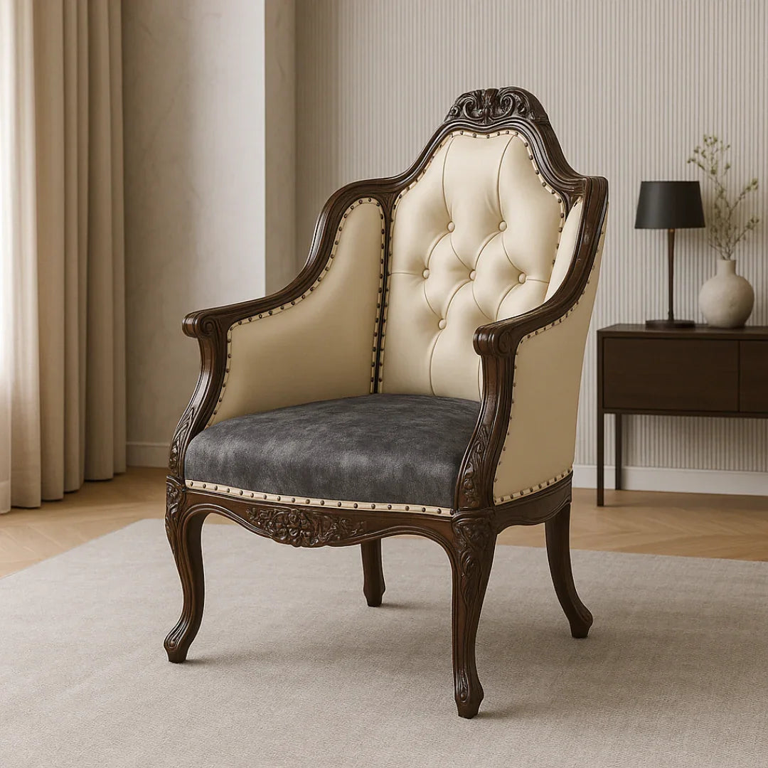 Vintage-style armchair with wooden frame and tufted backrest in a room setting.