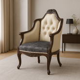 Vintage-style armchair with wooden frame and tufted backrest in a room setting.