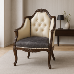 Decorative armchair with tufted backrest and wooden frame in a room setting.