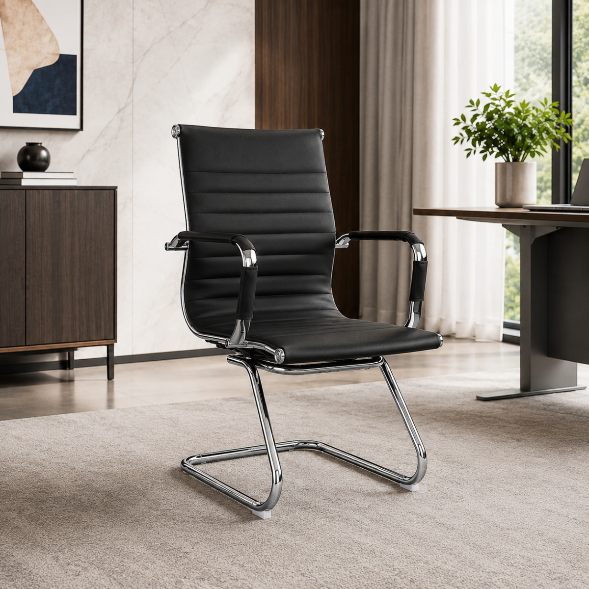 Wooden Twist black PU leather visitor chair in a modern boardroom - lifestyle view