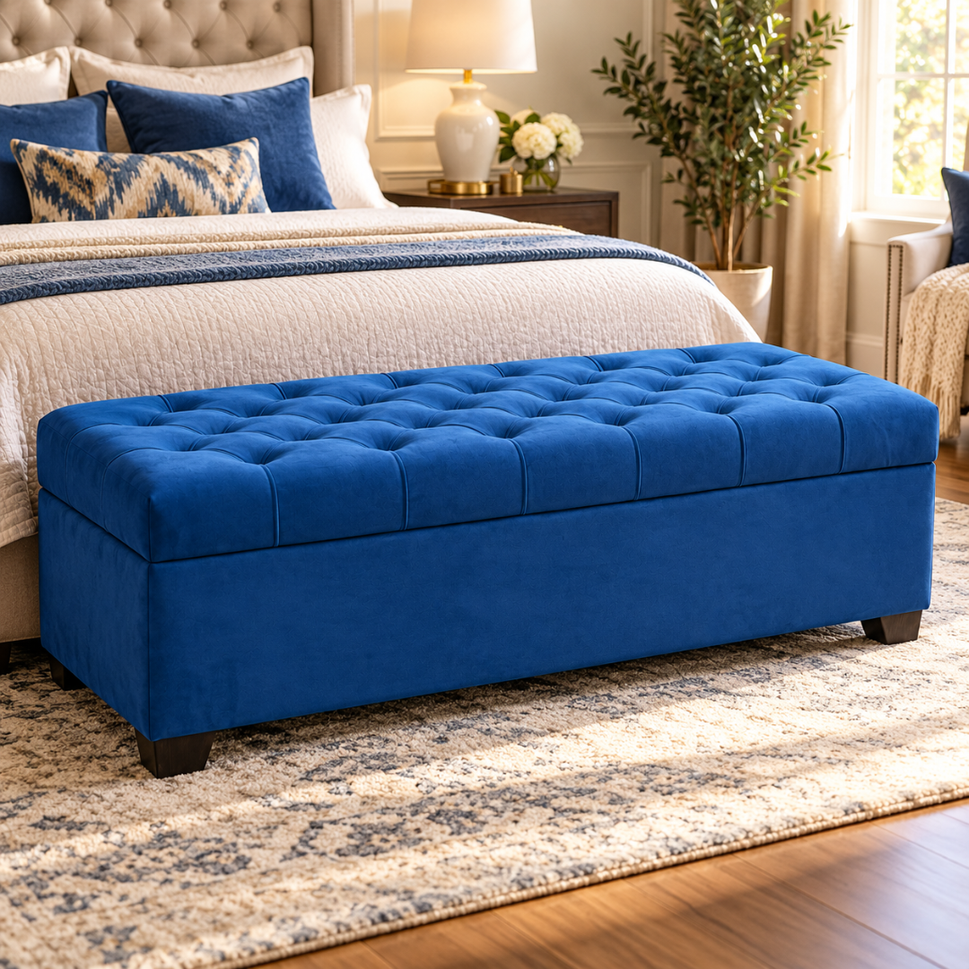 Wooden Twist Zelja velvet flip top storage bench in dark blue – lifestyle view at the foot of a bed